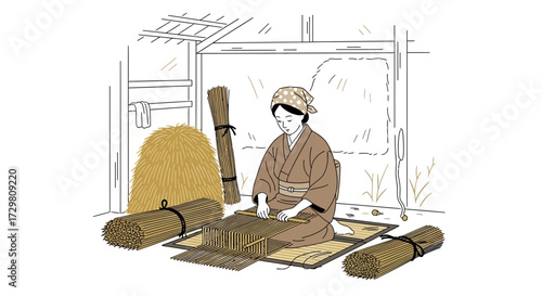 Illustration of a Japanese woman weaving Tatami mats in a traditional setting showing cultural
