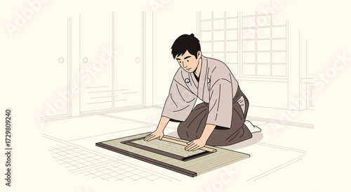 Illustration of a man in traditional Japanese clothing repairing a tatami mat inside a traditional