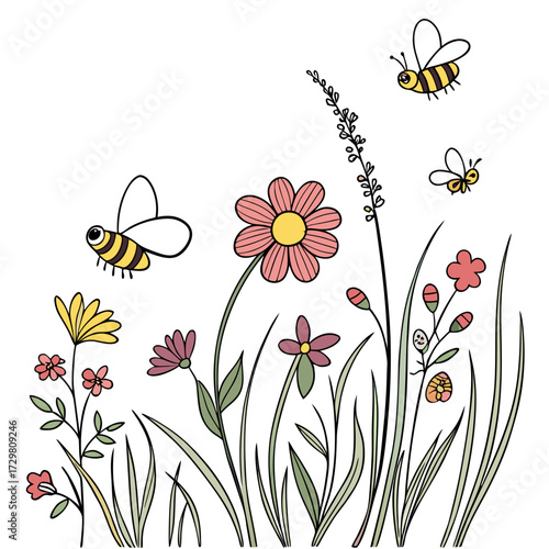 Delicate wildflowers and buzzing bees create a whimsical scene, the vibrant colors and playful composition evoke a sense of joy and natural beauty