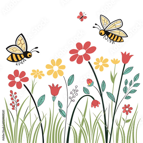 A vibrant array of flowers and bees creates a lively and colorful scene, the composition captures the essence of a blooming garden in full swing