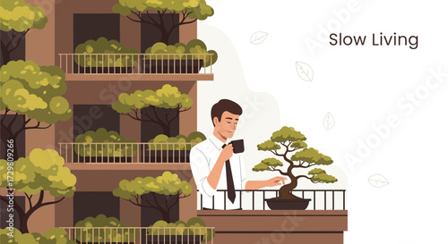 Illustration of a man enjoying a peaceful morning with coffee and bonsai tree on balcony apartment