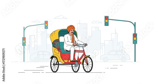 Illustration of a man riding a rickshaw in a city with traffic lights design vector