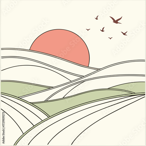 A serene vector illustration depicts a minimalist landscape with rolling hills, a rising sun, and birds in flight, evoking a sense of tranquility and peacefulness