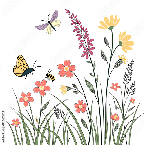 A whimsical illustration of a colorful flower garden with butterflies and bees, , capturing the essence of a sunny day in a blooming meadow
