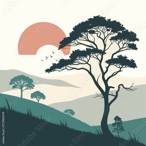 A scenic vector illustration captures a tranquil landscape with a silhouetted tree, rolling hills, and a setting sun, creating a serene and peaceful atmosphere