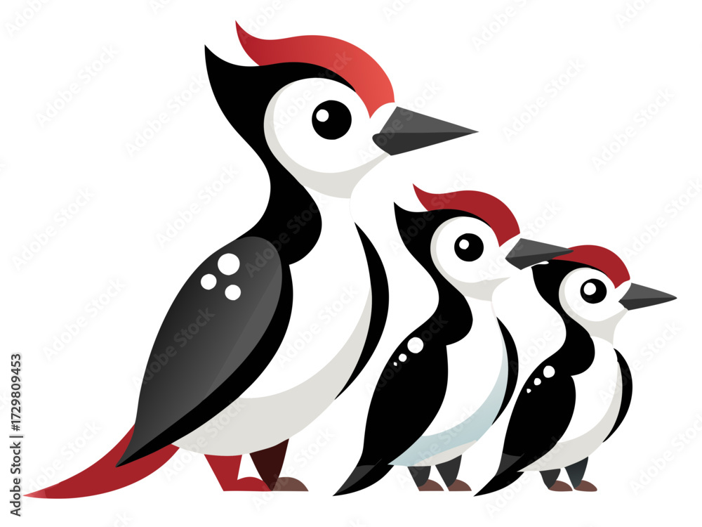 Obraz premium Family of woodpeckers, illustration of mom and baby birds with red crests