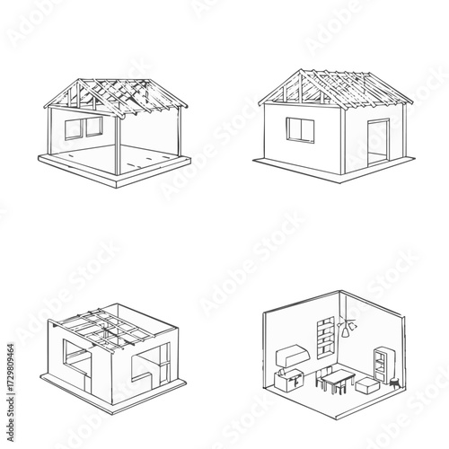 Illustrative line art sequence detailing the architectural progression of house building, from initial structural framing to a thoughtfully designed interior space.