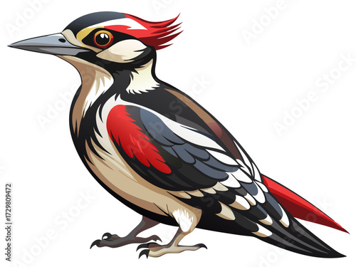 Cartoon Style Woodpecker Illustration Featuring a Striking Red Crest and Plumage