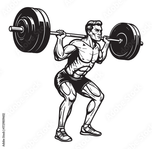 Strong athletic man performing barbell squat exercise for fitness and weightlifting training
