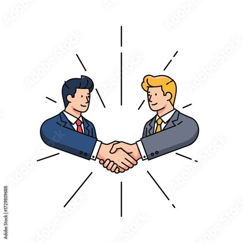 Two confident business professionals finalize a successful agreement with a firm handshake, symbolizing trust, partnership, and a strong corporate alliance in the professional world