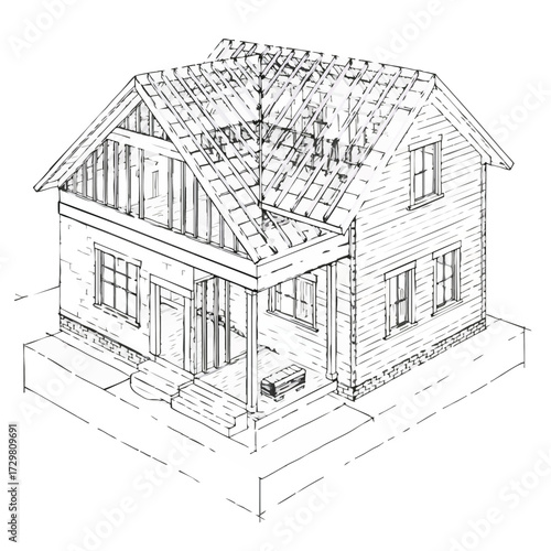 An intricate architectural line drawing illustrates a residential home's roof framing during early construction, showcasing detailed structural elements.