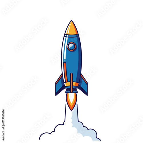 A vibrant blue and orange rocket blasting off with fiery exhaust plumes, symbolizing launch, progress, and space exploration, set against a clean white background