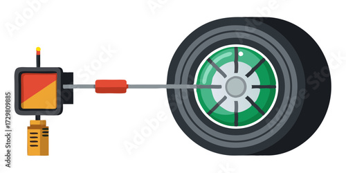 Animated robotic arm with red and orange sensor box attached to wheel