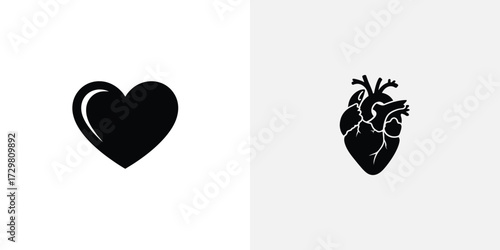 Black Heart Icon vs. Realistic Anatomical Heart Silhouette Illustration on White Background