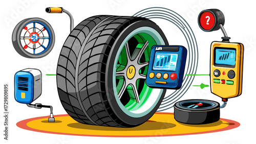 Futuristic car tire and wheel diagnostic tools communicating on a platform