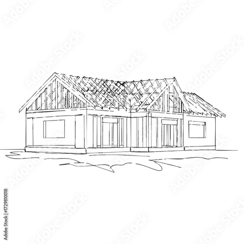 An intricate black and white line drawing illustrating the early stages of a residential house construction, highlighting the exposed roof trusses and wall framing.