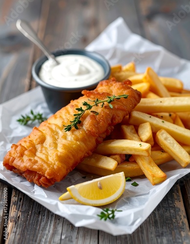 Wallpaper Mural Crispy fried fish fillet served with golden fries and tartar sauce, garnished with lemon and thyme sprigs Torontodigital.ca