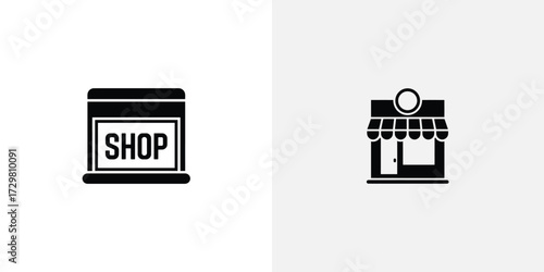 Black and White Illustrations of Two Different Retail Storefront Symbols on Light Gray Background