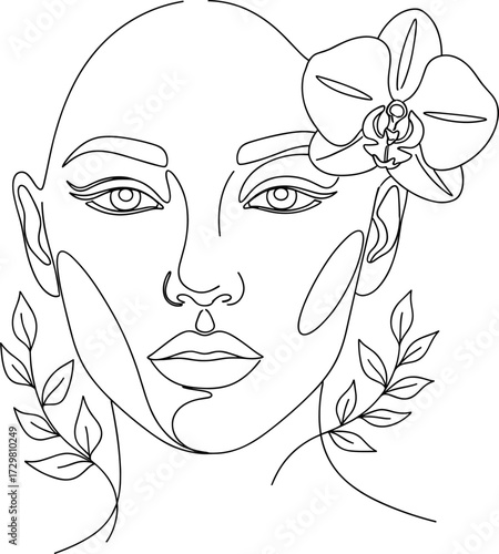Minimalist bald woman face with orchid and leaves in line art style for fashion, tattoo, beauty, decor, and coloring