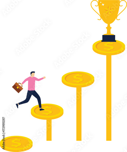 image on a blue background, a man and a woman in business suits rise on a pedestal of banknotes, a cup for the best employee, cash bonus

