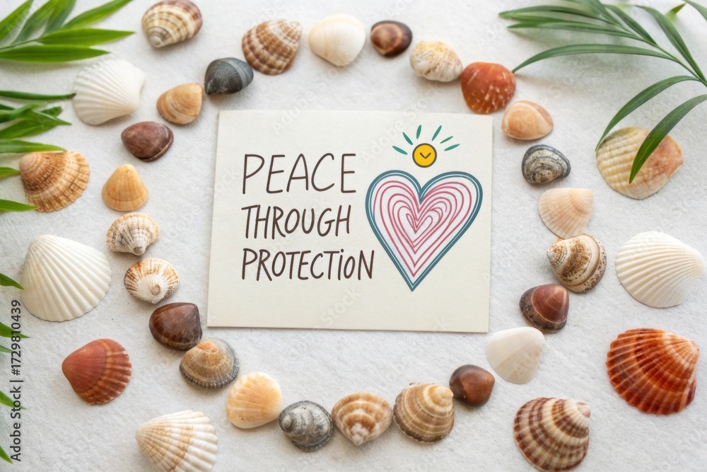 Fototapeta premium Peace Through Protection message in a heart-shaped arrangement