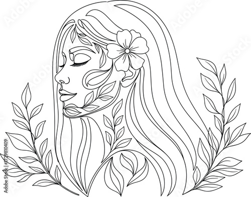 Woman profile line art with floral hair design, elegant black and white sketch for fashion, nature, beauty, and decor themes