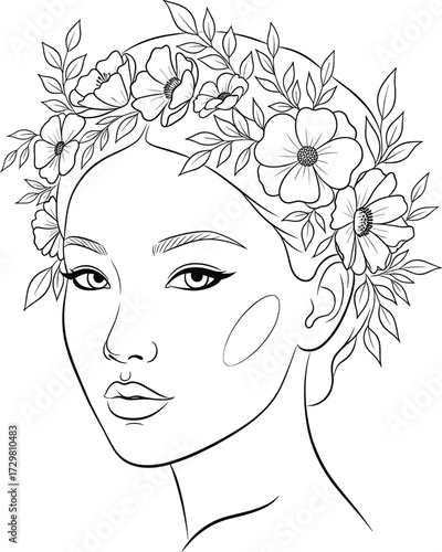 Black and white floral crowned woman portrait line art illustration for beauty, fashion, tattoo, coloring book, and decorative design