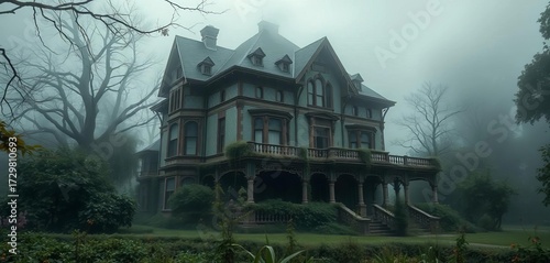 Decaying Victorian mansion shrouded in mist, overgrown yard,  abandoned mansion,  roof
