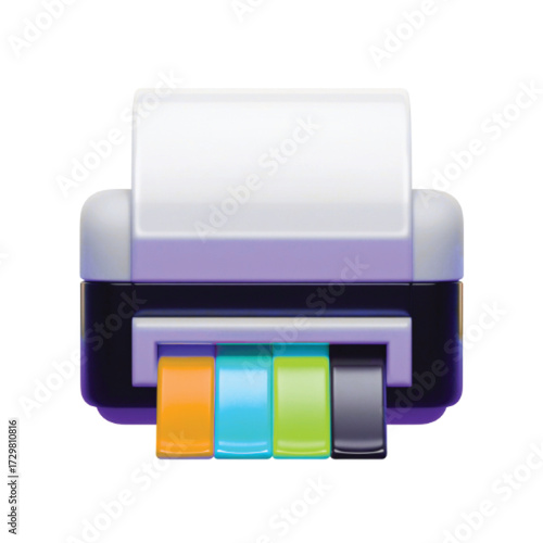 A colorful 3D rendering of a printer with paper and ink cartridges.