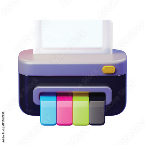 A stylized 3D illustration of a modern office printer with visible cyan, magenta, yellow, and black ink cartridges, isolated on a white background.