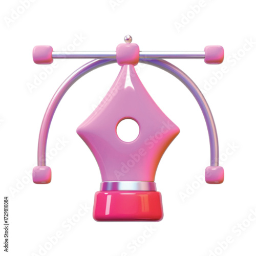 3D rendering of a pink pen tool icon with bezier curves, design concept.