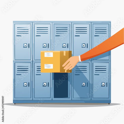 Hand Reaching For Cardboard Box In Front Of Blue School Lockers Graphic Illustration