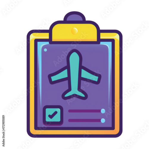 A colorful icon of a flight checklist on a clipboard, with an airplane symbol and a checked box, symbolizing travel preparation.