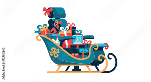 Festive sleigh overflowing with wrapped gifts and a laptop symbolizing holiday business success and digital delivery of joy, Generative AI.