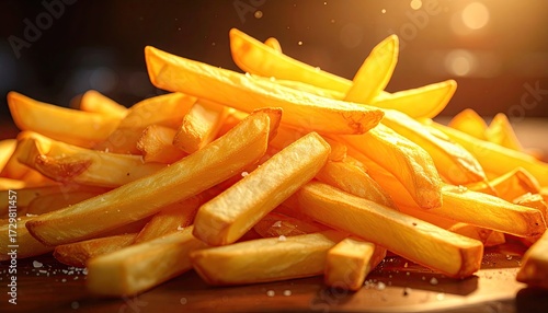 Golden French Fries Pile on Wooden Surface with Warm Lighting and Dark Background Aromatic Culinary Still Life