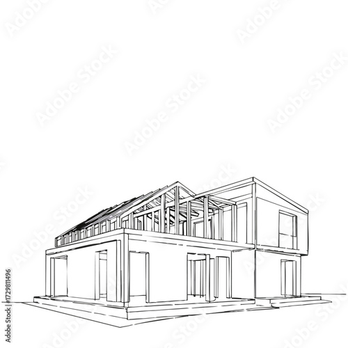A clear black and white line art illustration visually detailing the sequential stages of residential house construction, from foundation work to roof framing.