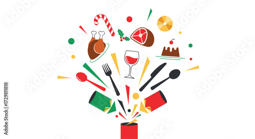 Festive holiday feast explodes with delicious food wine and celebration elements perfect for cheerful Christmas promotions, Generative AI.