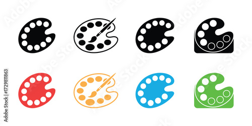 Collection of Colorful Artist Paint Palettes with Varied Styles and Brush Illustration