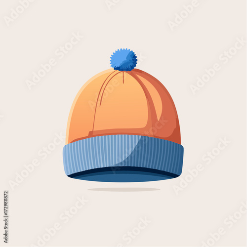 Orange Winter Hat with Blue Brim and Pom Pom on Light Background Vector Illustration