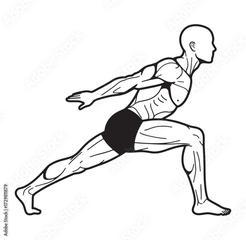 Vector illustration of a muscular man performing a forward lunge exercise in black and white