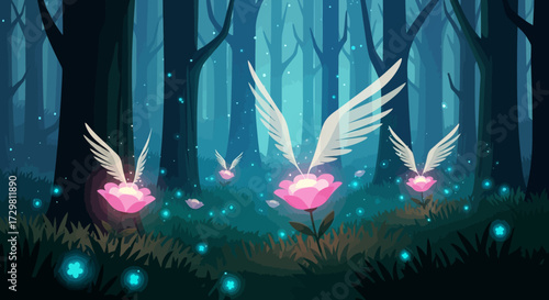 Enchanted Pink Flowers with Delicate White Wings in a Mystical Forest
