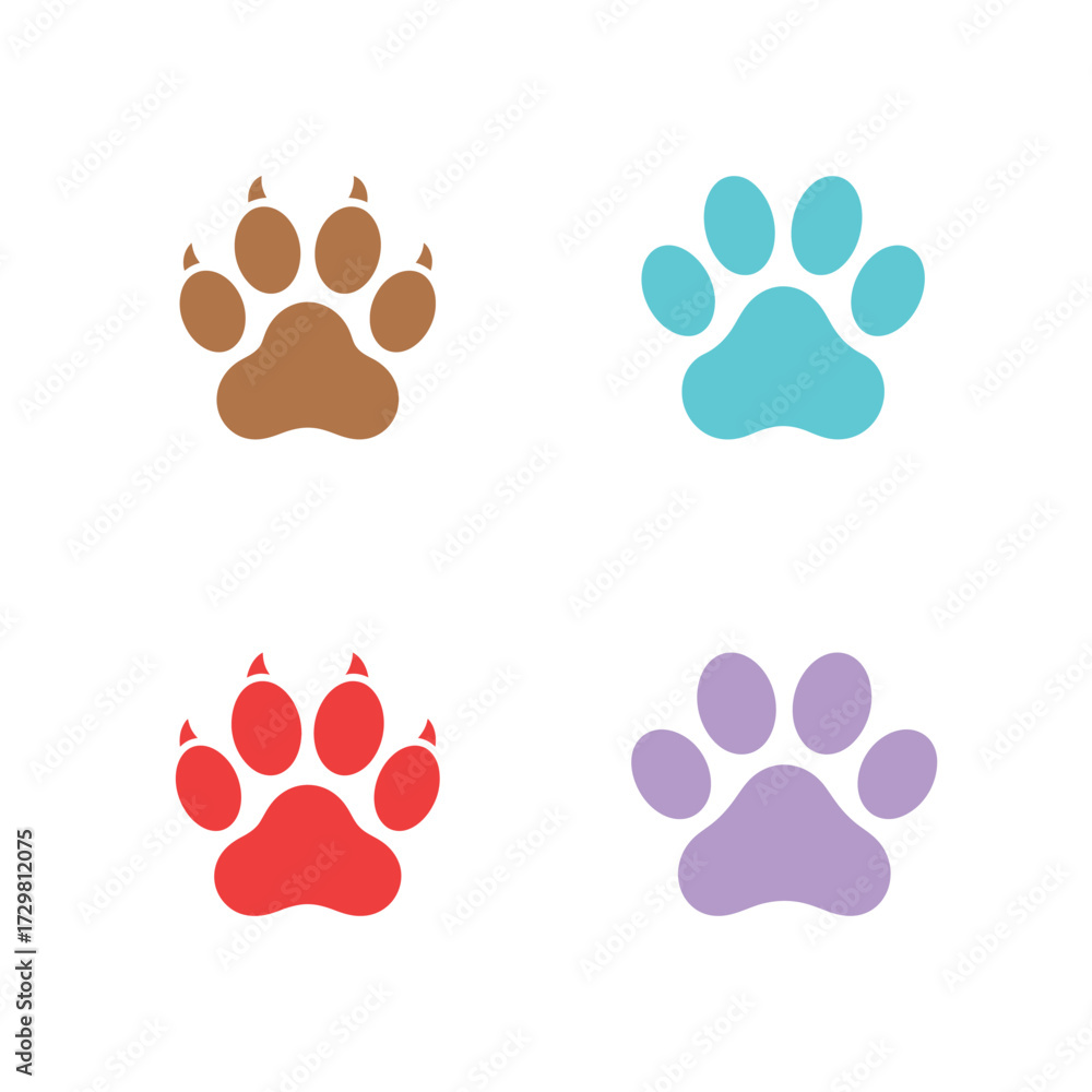 Fototapeta premium Colorful Animal Paw Prints Illustration Brown, Blue, Red, and Purple Paws