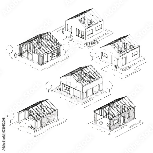 An intricate collection of hand-drawn architectural isometric sketches showcasing various residential buildings in different stages of construction and design.