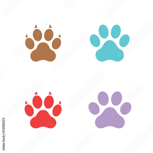 Colorful Animal Paw Prints Illustration Brown, Blue, Red, and Purple Paws