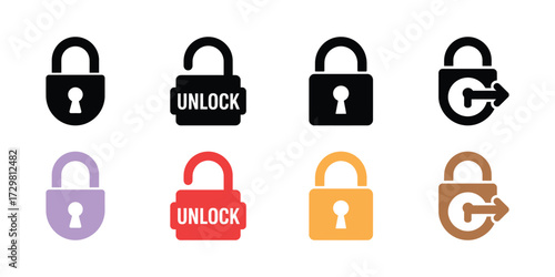 Colorful Padlock Icons Locked, Unlocked, Security, Data Encryption, Protection, And Access Control Illustrations on White Background