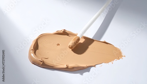 A smear of beige liquid foundation or concealer with a doe-foot applicator on a white background with a soft shadow.