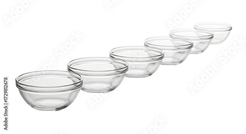 Six Clear Glass Bowls Arranged in a Diagonal Line