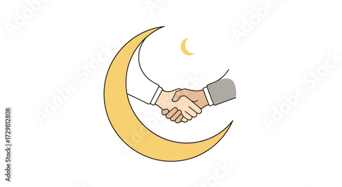 Symbolic handshake inside crescent moon representing partnership agreement and collaboration with a warm inviting color palette, Generative AI.