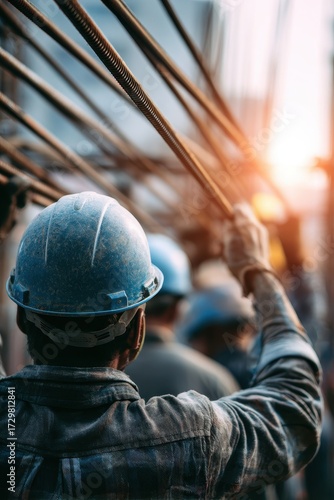 Construction Workers Carrying Rebar in Cityscape Sunrise.
