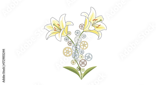 Elegant lilies bloom with intricate steampunk gears blending organic beauty and mechanical innovation for a striking visual concept, Generative AI.
